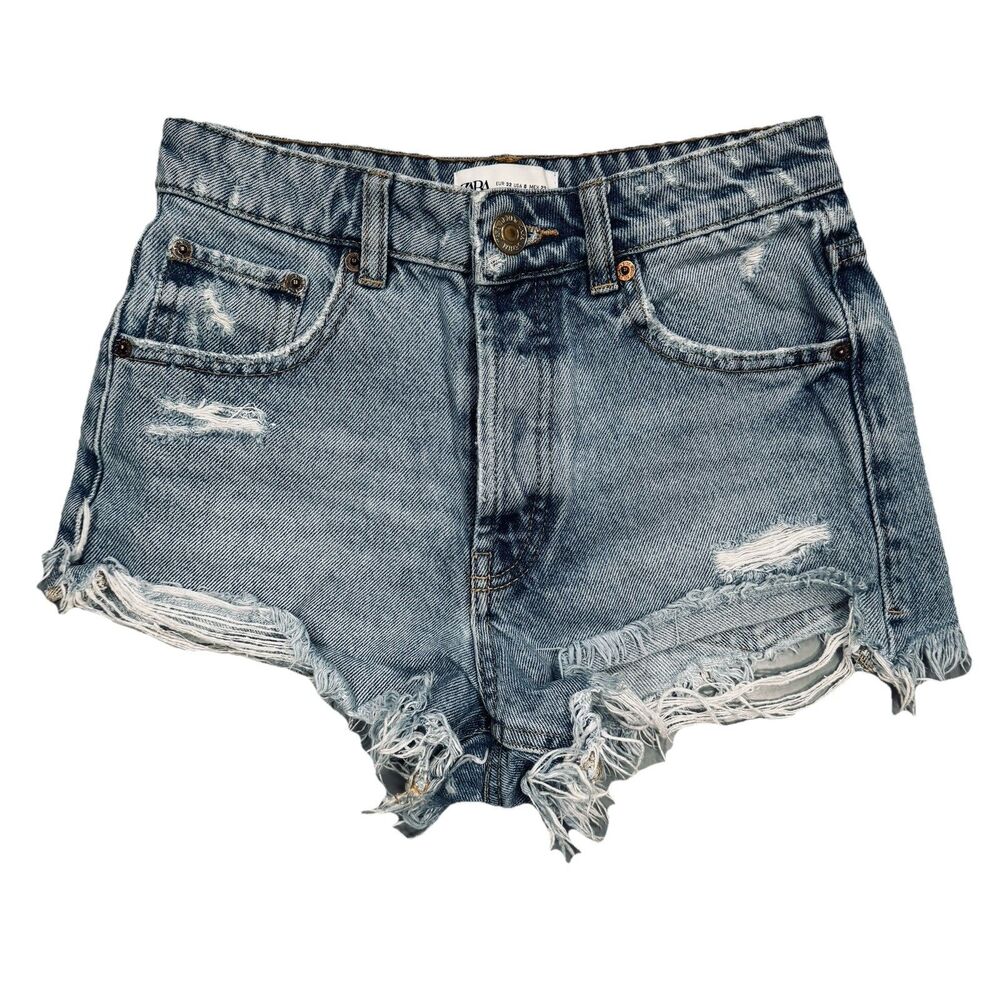 Zara High Rise Button Fly Short Shorts 0 (W24 Inseam 2) Blue Distressed Womens